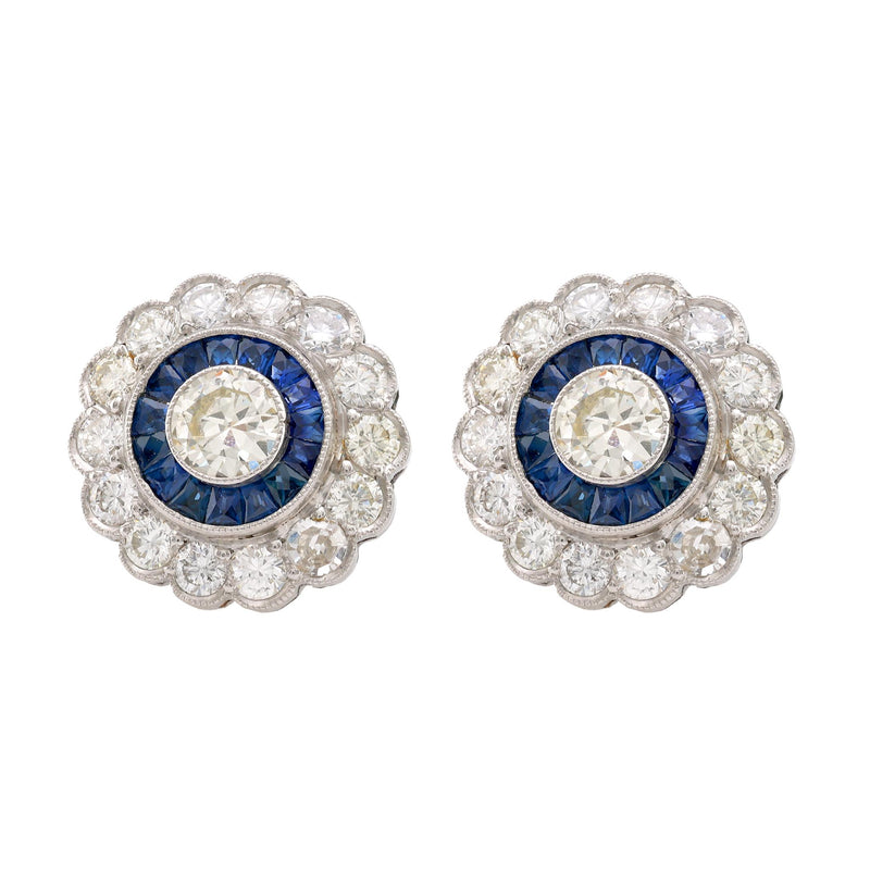 Art Deco Inspired Diamond Sapphire Platinum Halo Studs