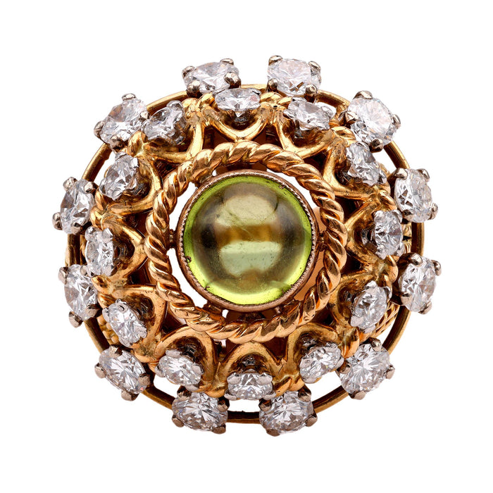 Mid-Century Peridot Diamond 18K Yellow Gold Cocktail Ring