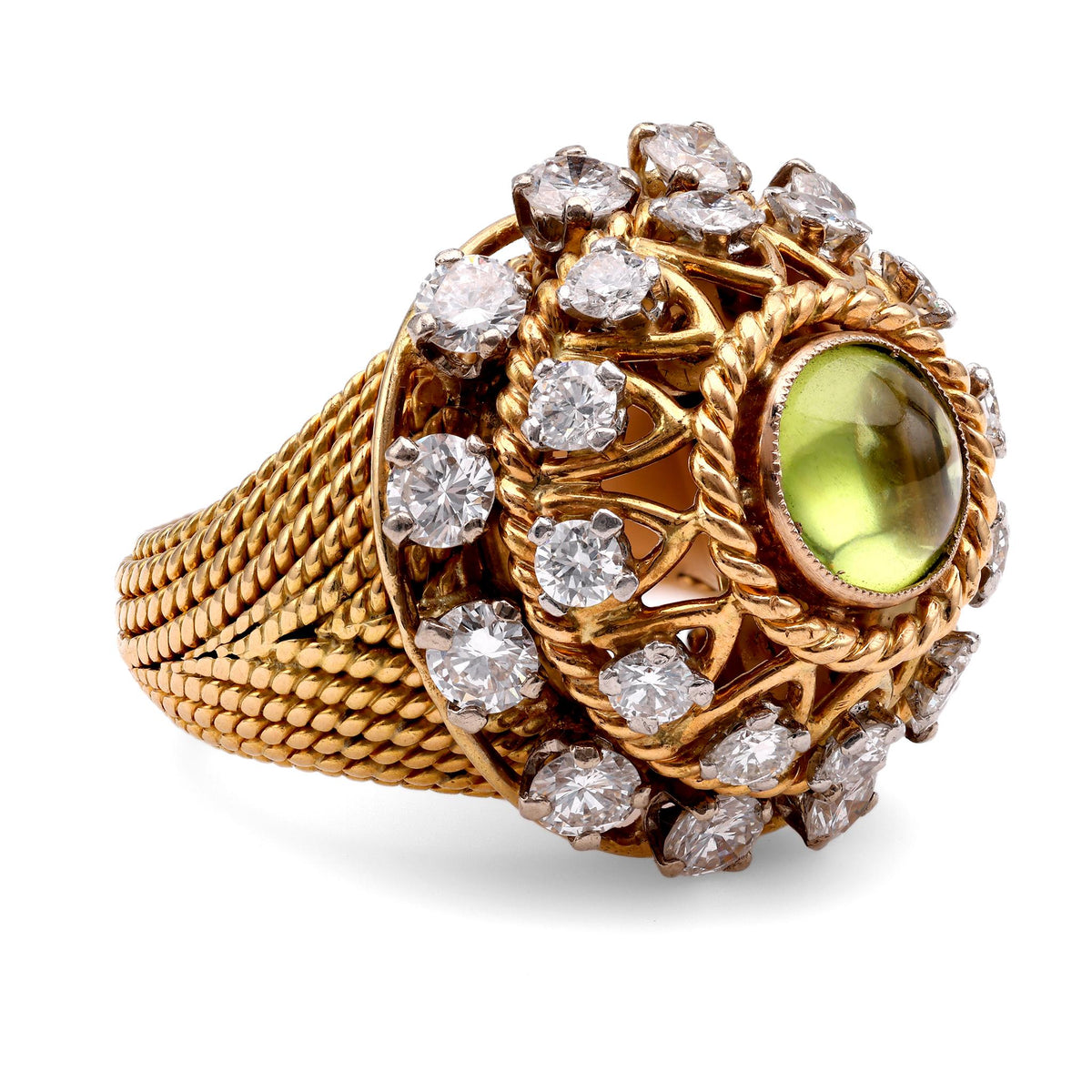 Mid-Century Peridot Diamond 18K Yellow Gold Cocktail Ring