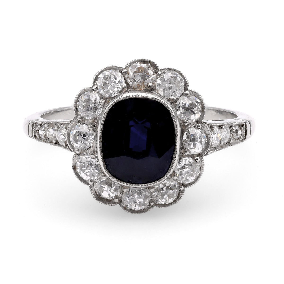 Edwardian Inspired 2.06 Carat Cushion Cut Sapphire Diamond Platinum Cluster Ring