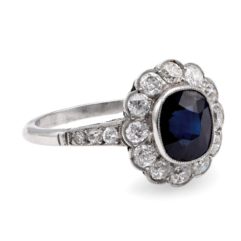 Edwardian Inspired 2.06 Carat Cushion Cut Sapphire Diamond Platinum Cluster Ring