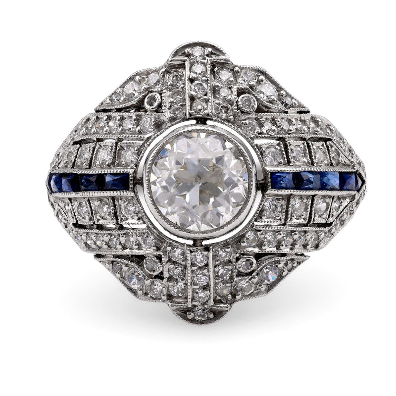 Art Deco Inspired 1 Carat Diamond Sapphire Platinum Ring