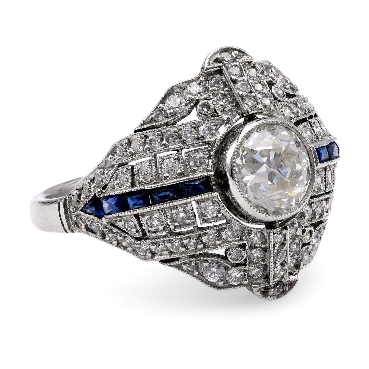 Art Deco Inspired 1 Carat Diamond Sapphire Platinum Ring