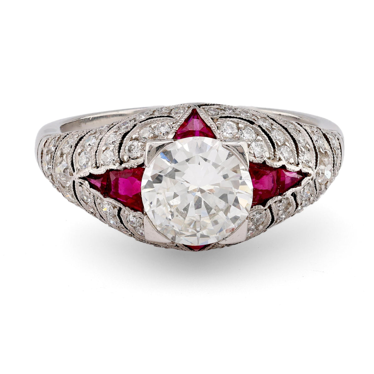 Art Deco Inspired 1.03 Carat Round Brilliant Cut Diamond Ruby Platinum Ring