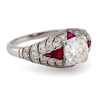 Art Deco Inspired 1.03 Carat Round Brilliant Cut Diamond Ruby Platinum Ring