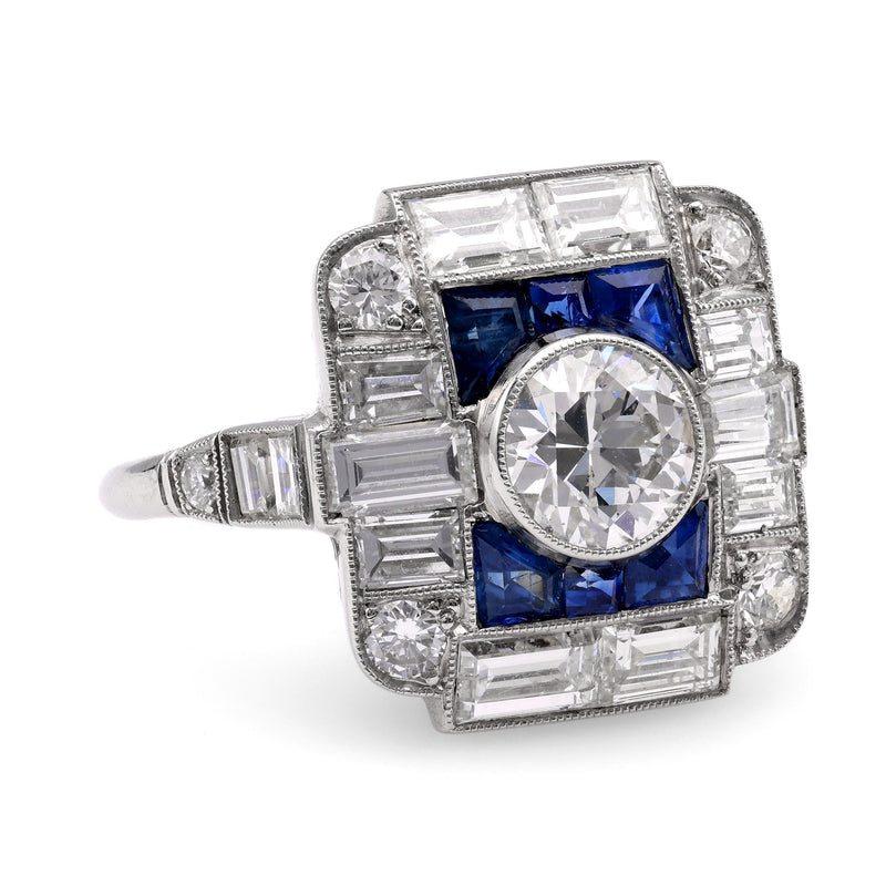 Art Deco Inspired .89 Carat Diamond Sapphire Platinum Cocktail Ring