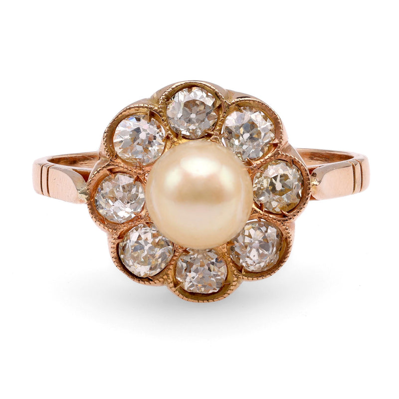 Antique Pearl Diamond 18K Rose Gold Cluster Ring