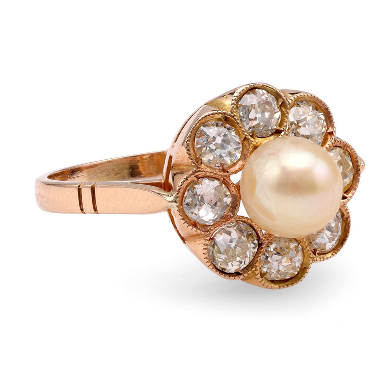 Antique Pearl Diamond 18K Rose Gold Cluster Ring