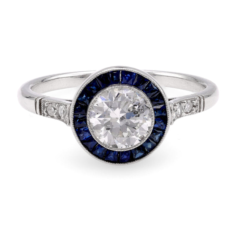 Art Deco Inspired 0.81 Carat Diamond Sapphire Platinum Target Ring