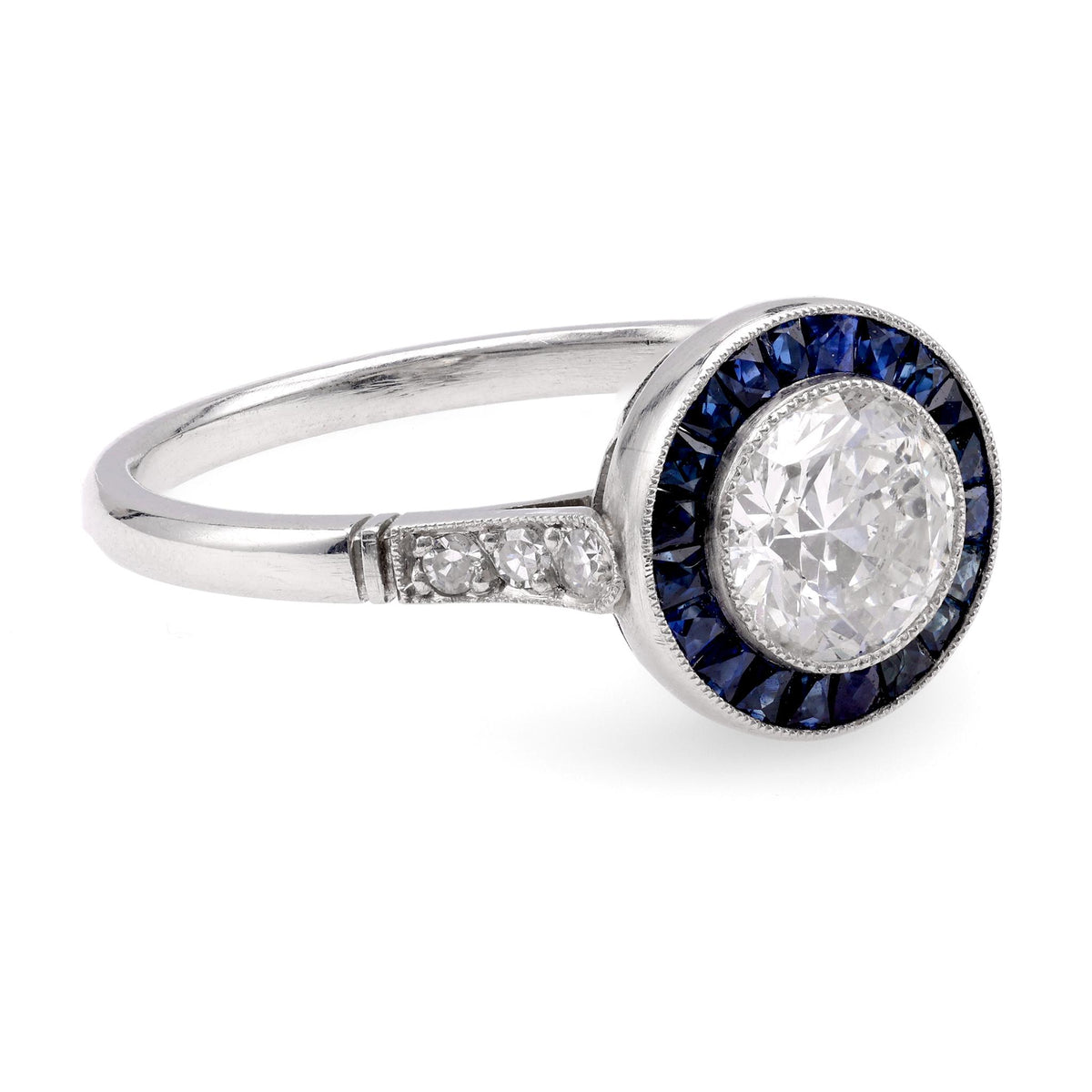 Art Deco Inspired 0.81 Carat Diamond Sapphire Platinum Target Ring