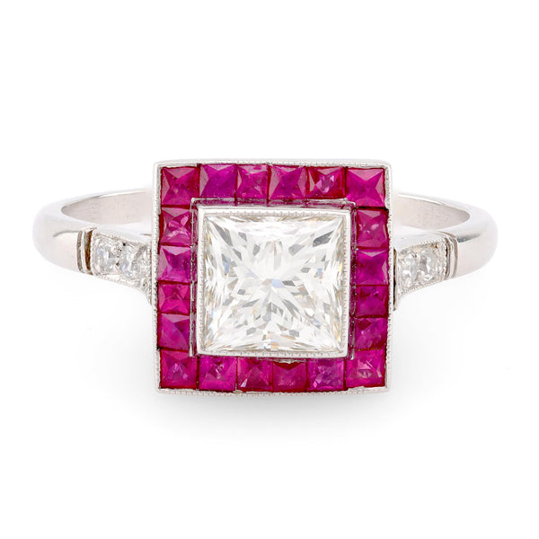 Art Deco Style Natural Ruby outlets & Diamond Halo Ring