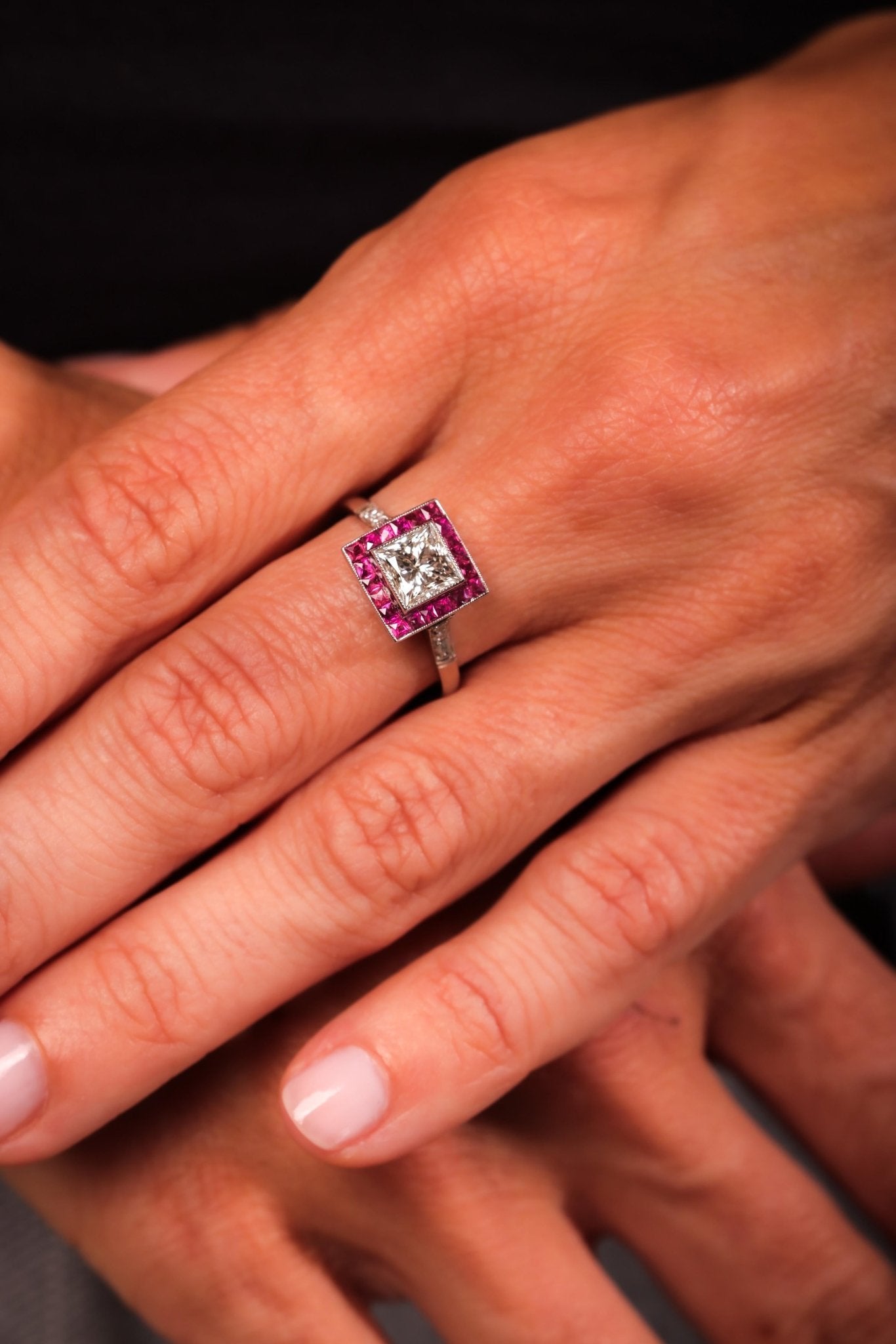 Art Deco Style Natural Ruby & Diamond Halo high quality Ring