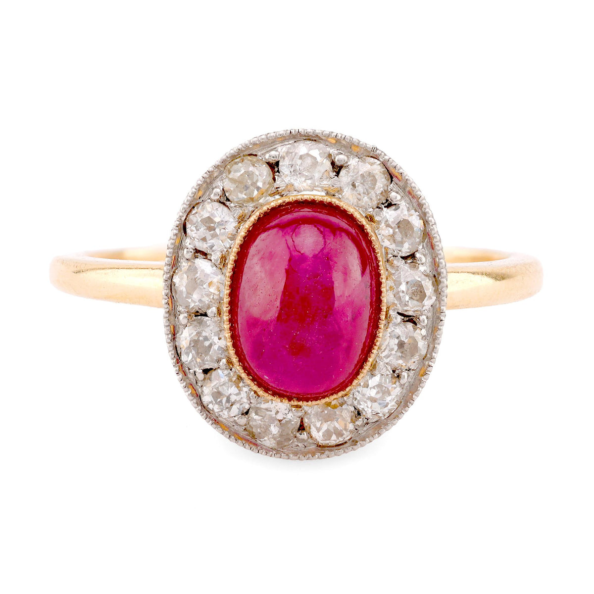 Edwardian Style Ruby Diamond 18K Yellow Gold Cluster Ring