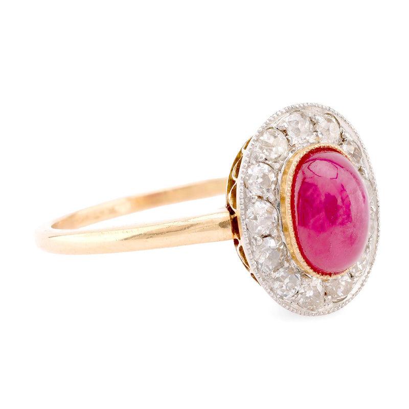 Edwardian Style Ruby Diamond 18K Yellow Gold Cluster Ring