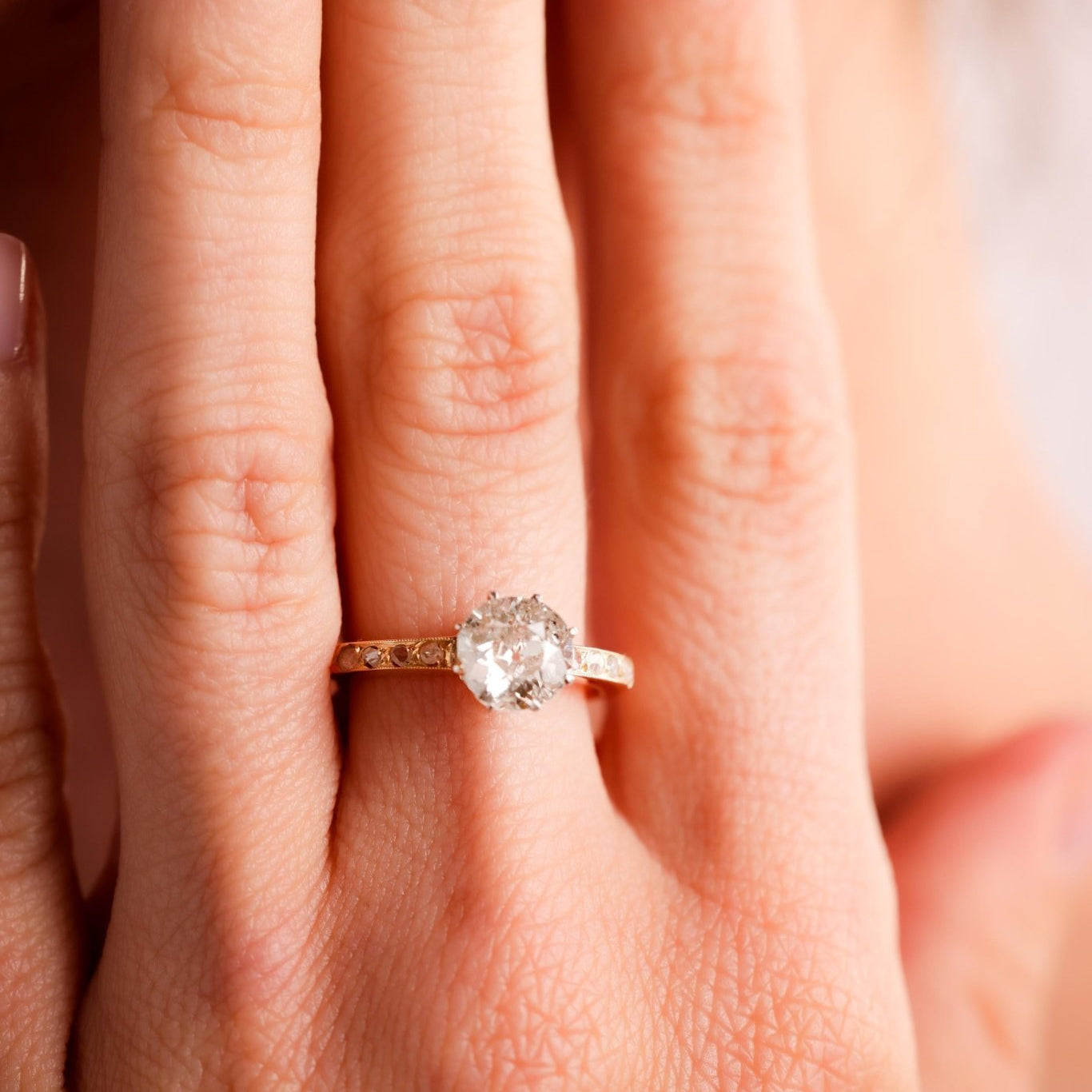 Edwardian Inspired 1.24 Carat Diamond 18K Yellow and White Gold Engagement Ring