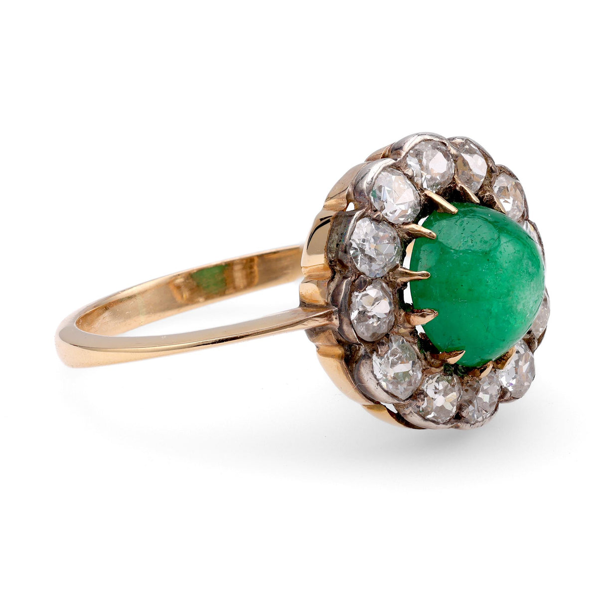 Antique Emerald Diamond 18K Yellow Gold Silver Cluster Ring