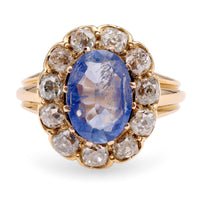 Victorian 2 Carat Sapphire Diamond 18K Yellow Gold Cluster Ring