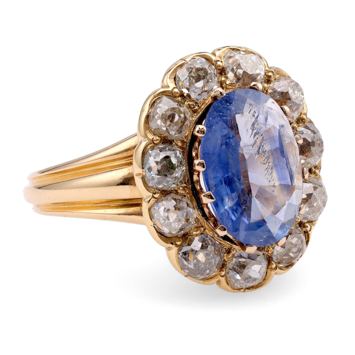 Victorian 2 Carat Sapphire Diamond 18K Yellow Gold Cluster Ring