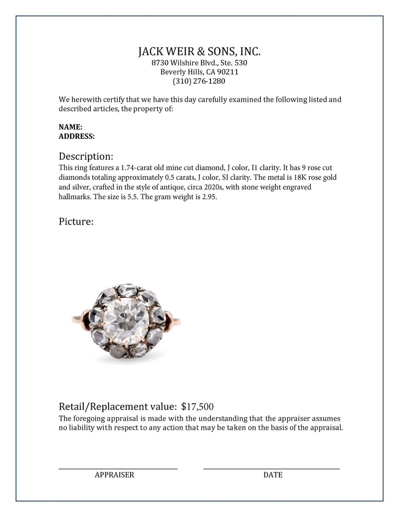 Antique Style 1.74 Carat Old Mine Diamond 18K Rose Gold Silver