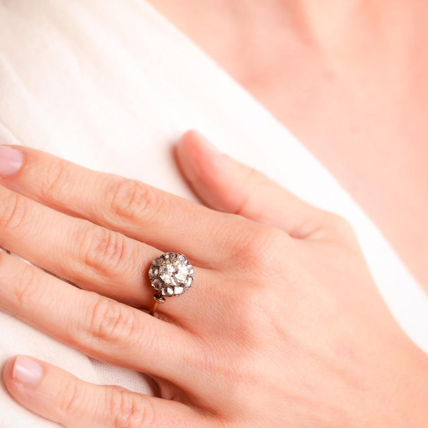 Antique Style 1.74 Carat Old Mine Diamond 18K Rose Gold Silver Cluster Ring