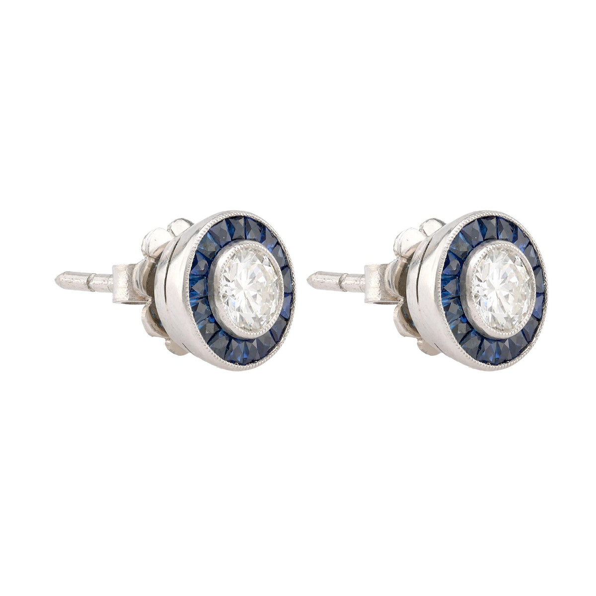 Art Deco Inspired Diamond Sapphire Platinum Target Studs