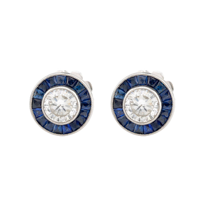 Art Deco Inspired Diamond Sapphire Platinum Target Studs