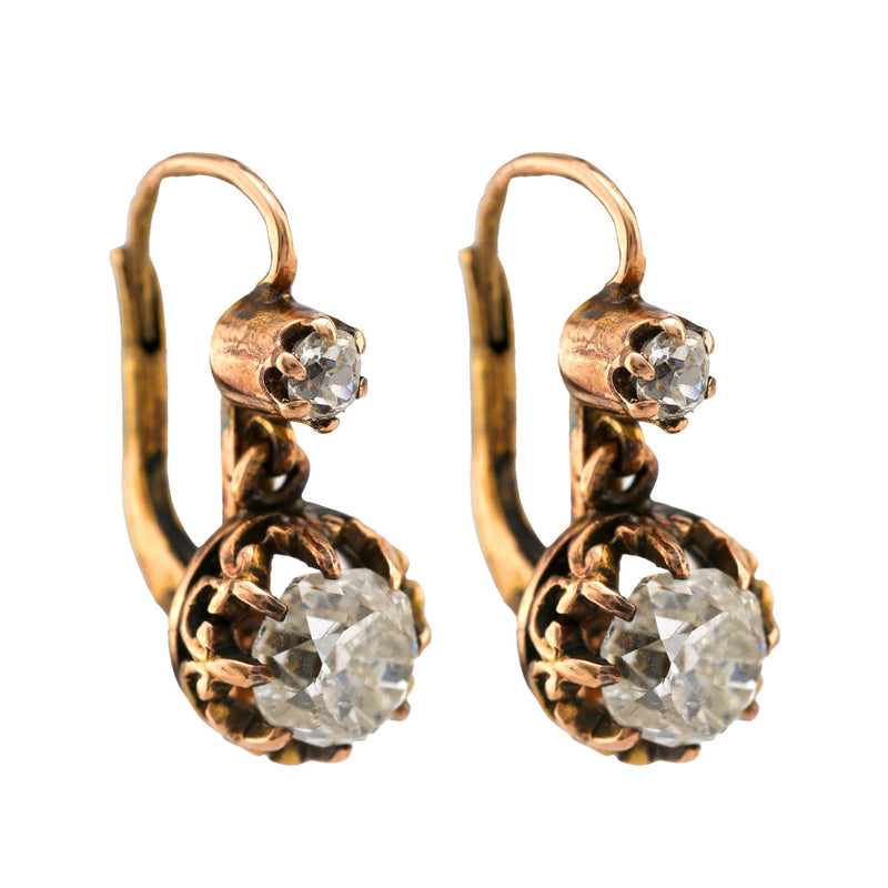 Antique Style Old Mine Diamond 18K Yellow Gold Drop Earrings