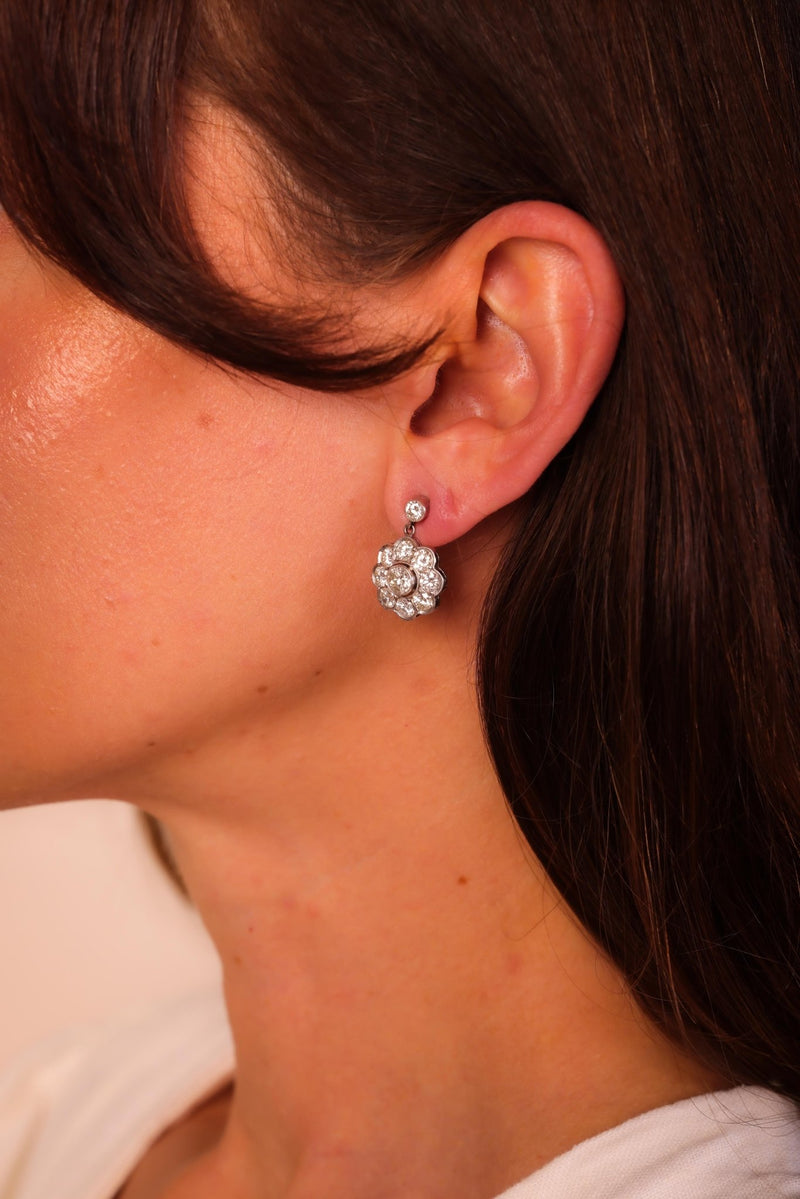 Art Deco Inspired 3 Carat Round Brilliant Diamond Platinum Cluster Earrings