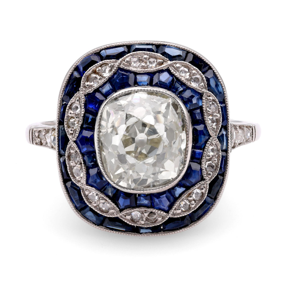 Art Deco Inspired 2.24 Carat Old Mine Diamond Sapphire Platinum Dinner Ring