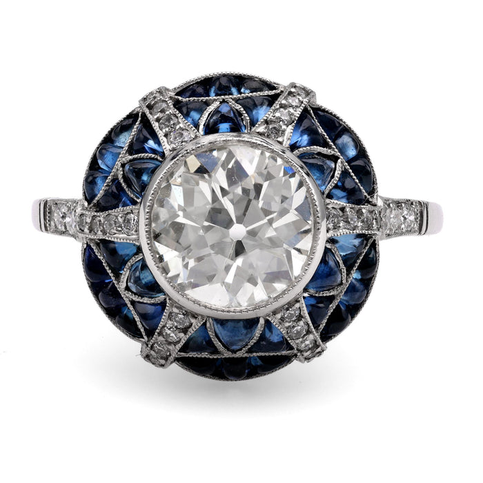 Art Deco Inspired 1.46 Carat Diamond Sapphire Platinum Target Ring