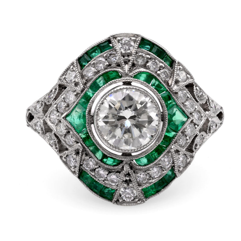 Art Deco Inspired .83 Carat Diamond Emerald Platinum Ring