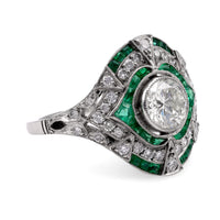 Art Deco Inspired .83 Carat Diamond Emerald Platinum Ring