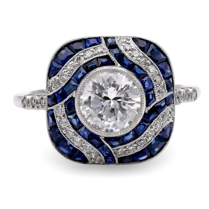 Art Deco Inspired Diamond Sapphire Platinum Ring