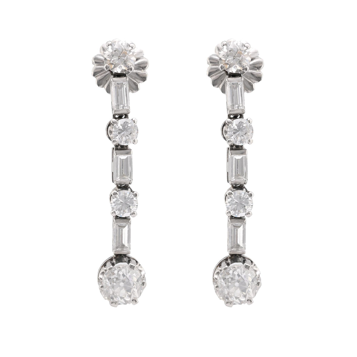 Mid-Century 4.2 Carat Total Weight Diamond Platinum Drop Earrings