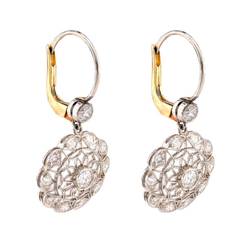 Edwardian Style Diamond 18K White Yellow Gold Wire Earrings