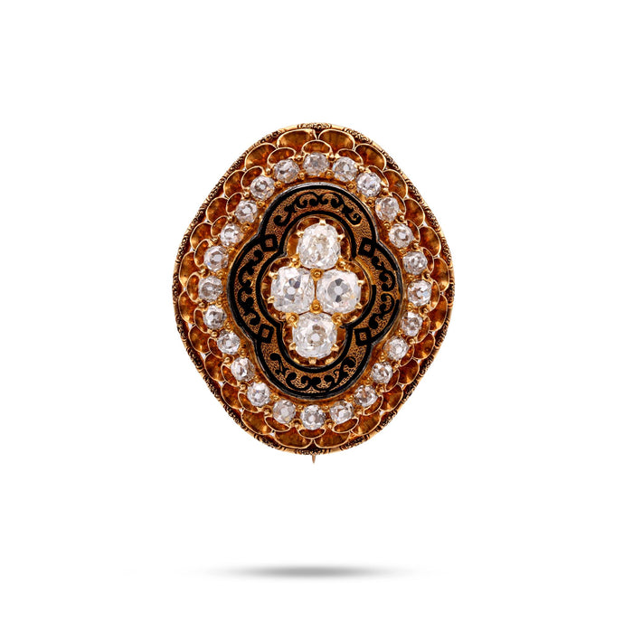 Victorian Diamond Enamel 18K Yellow Gold Brooch