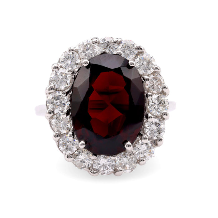 Vintage Garnet Diamond 14K White Gold Cluster Ring