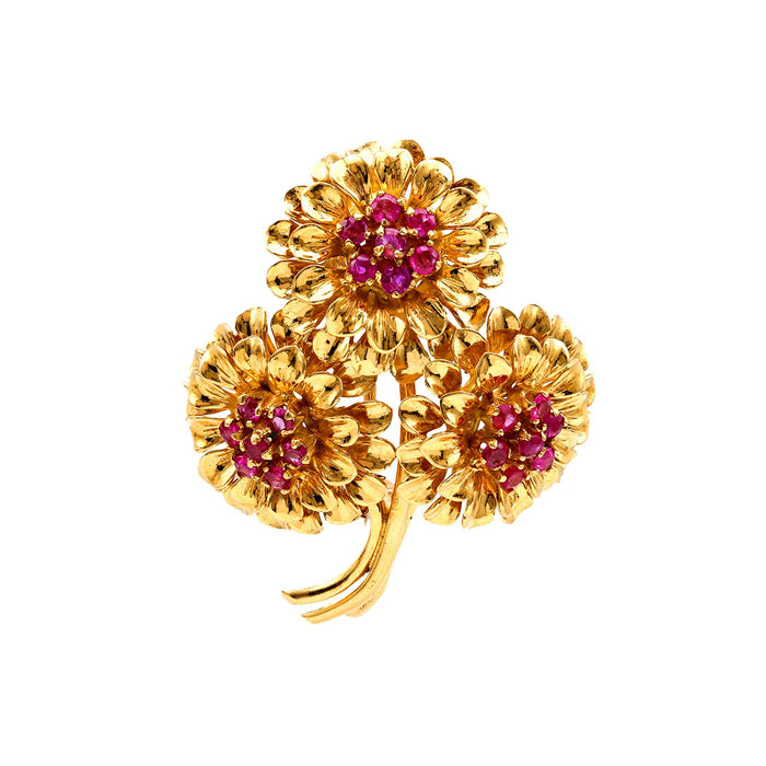 Vintage Tiffany & Co Ruby 18K Yellow Gold Flower Bouquet Brooch