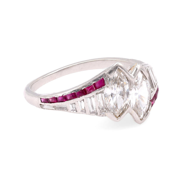 Art Deco Diamond Ruby Platinum Two Stone Ring