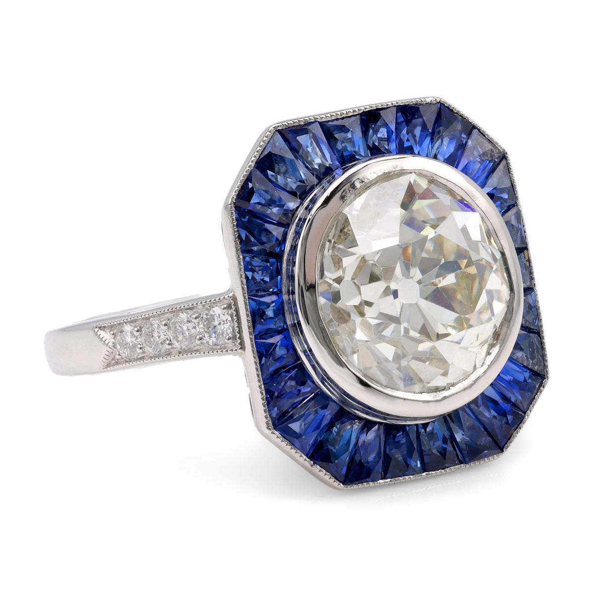 Art Deco GIA 3.68 Carat Old European Diamond Sapphire Platinum Cluster Ring