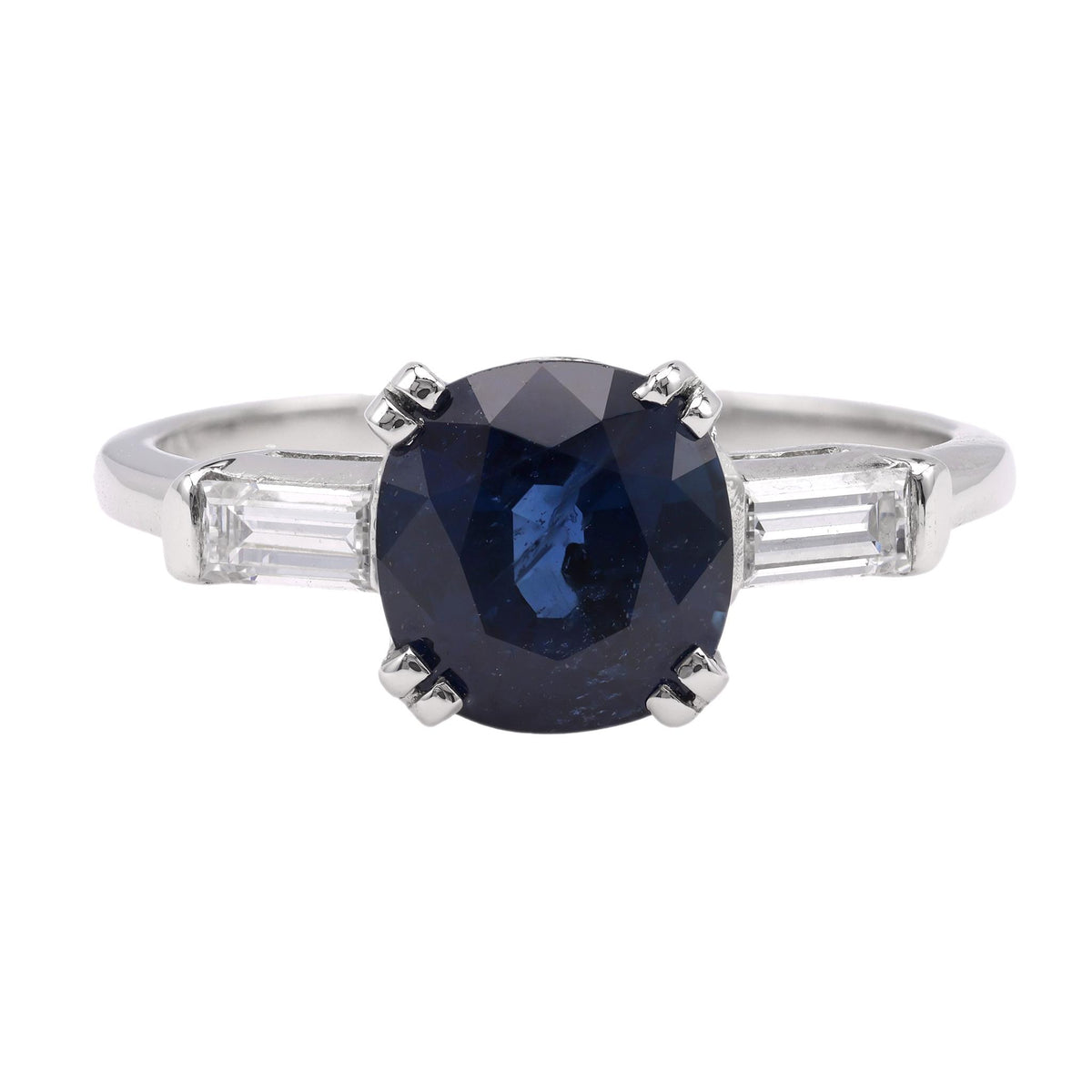 Mid Century Sapphire Diamond Platinum Three Stone Ring