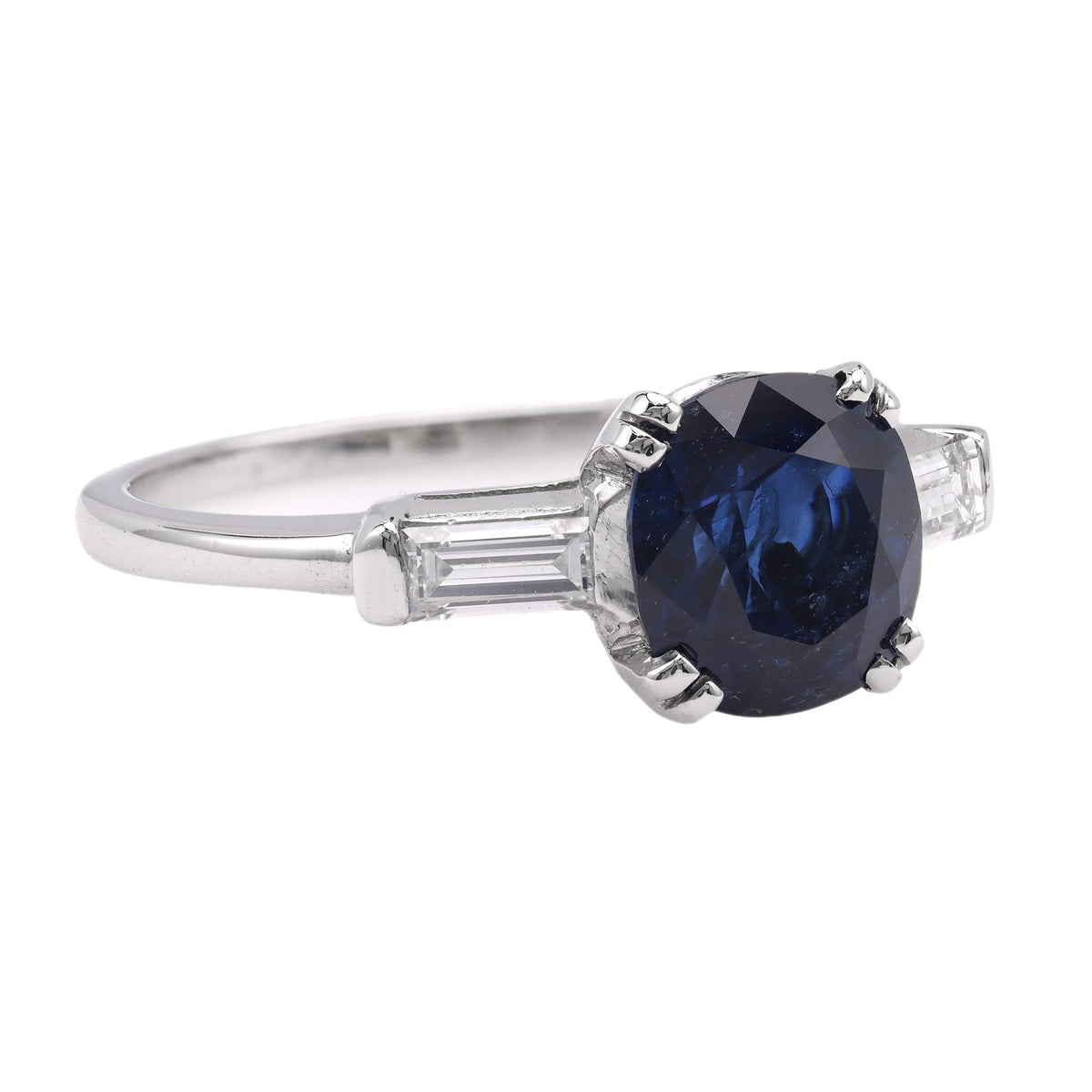 Mid Century Sapphire Diamond Platinum Three Stone Ring