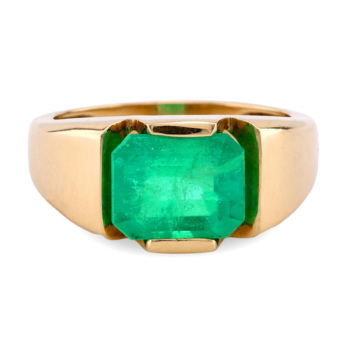 Vintage GIA 3.5 Carat Octagonal Cut Emerald 14K Yellow Gold Bezel Ring