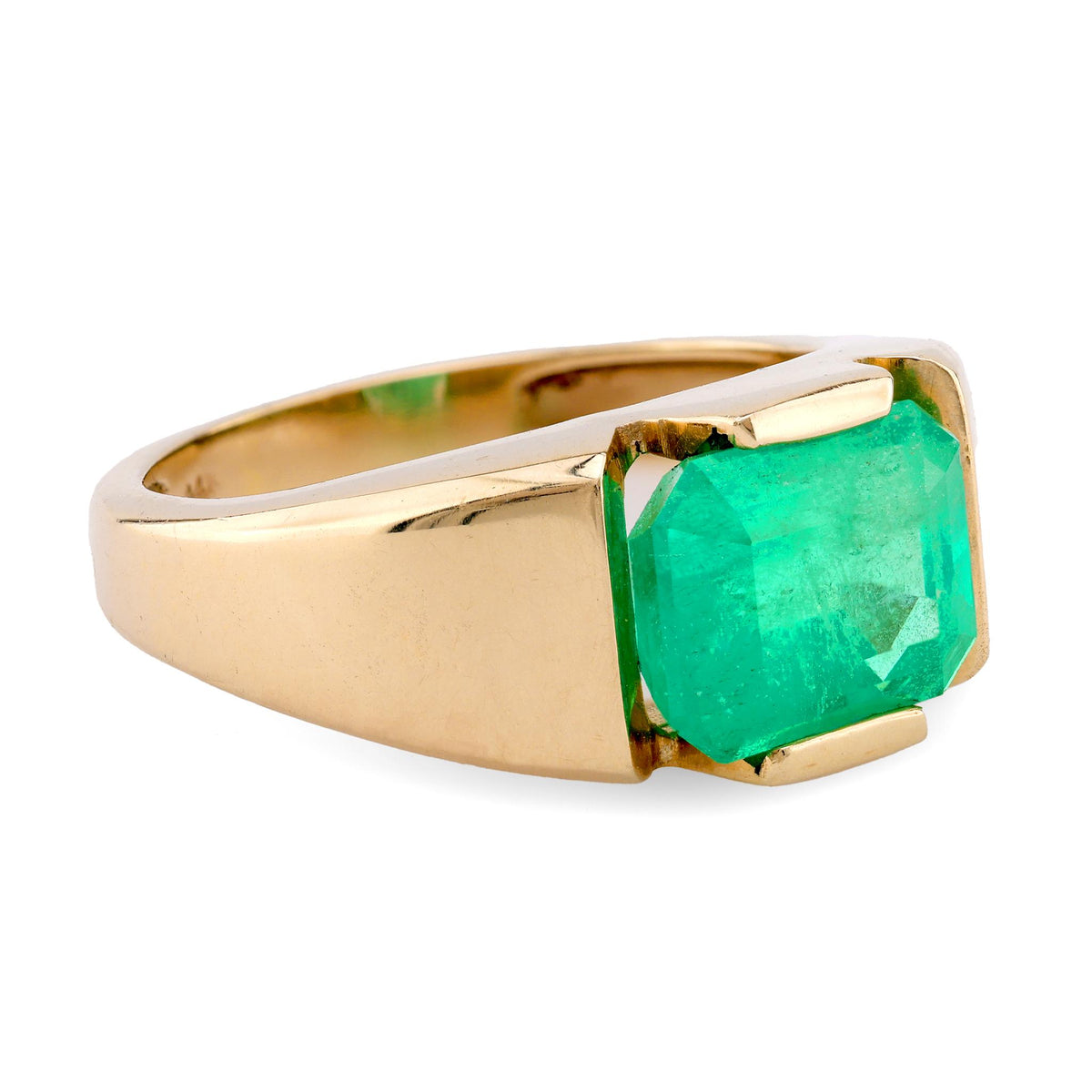 Vintage GIA 3.5 Carat Octagonal Cut Emerald 14K Yellow Gold Bezel Ring