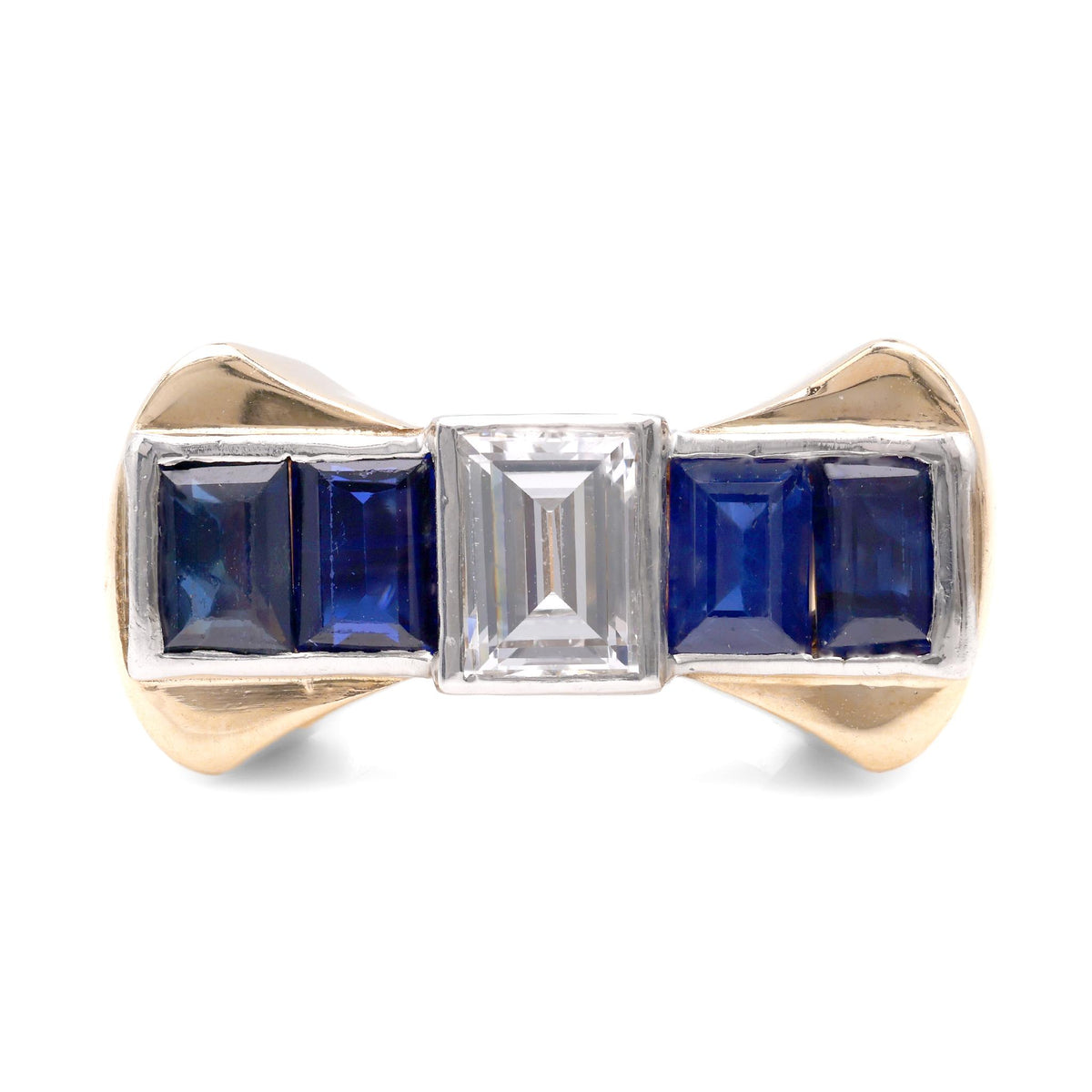 Retro Diamond Sapphire 14K Yellow Gold Platinum Cocktail Ring