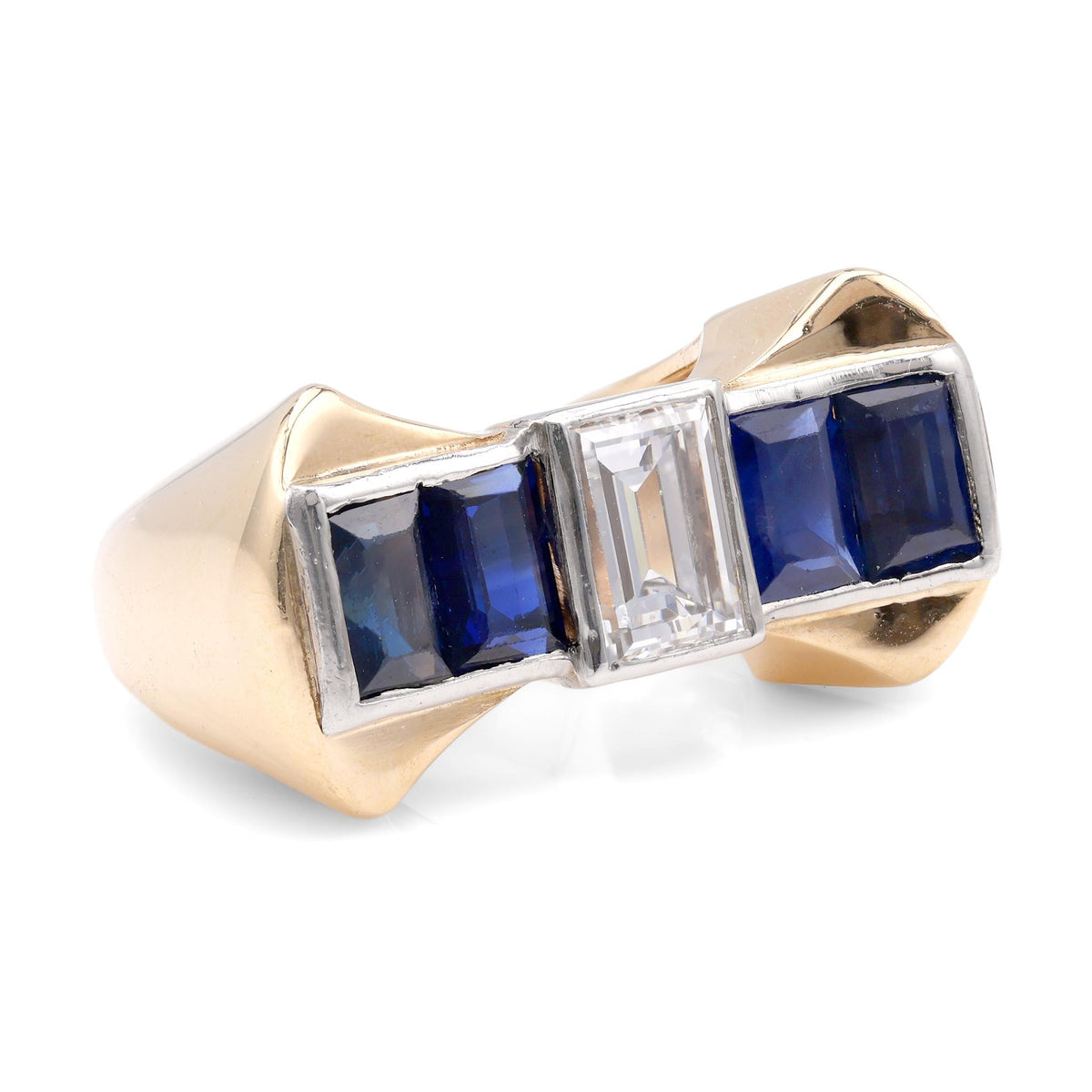 Retro Diamond Sapphire 14K Yellow Gold Platinum Cocktail Ring