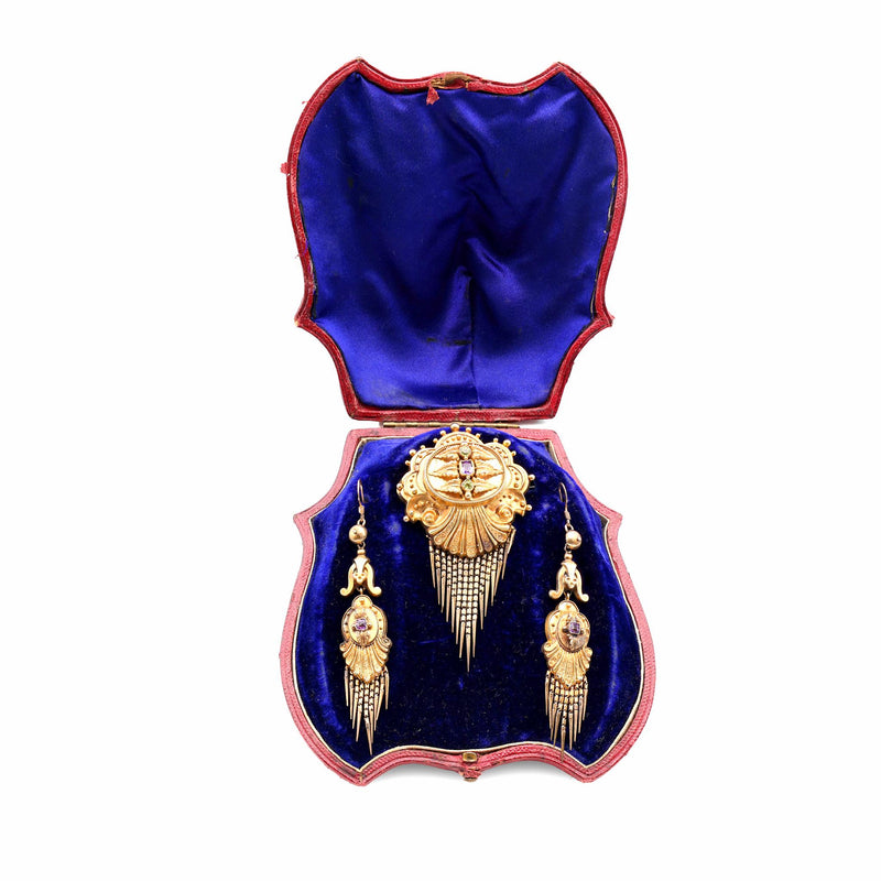 Georgian Earrings and Brooch 18K Yellow Gold Silver Set With Original Box