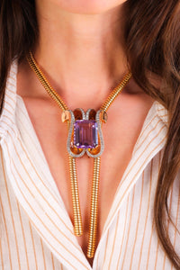 Mid Century Amethyst Diamond Bolo Tie Brooch Necklace