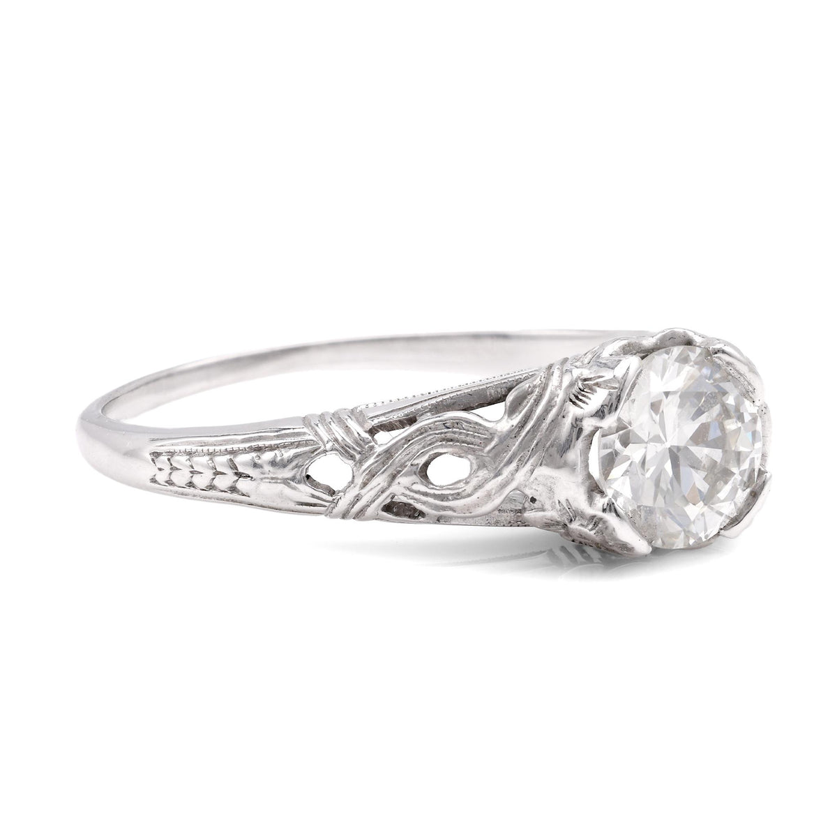 Art Deco Diamond 18K White Gold Filigree Engagement Ring