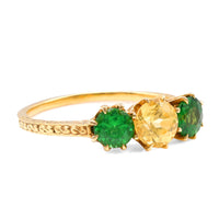 Victorian Yellow Sapphire Tsavorite 18K Yellow Gold Three Stone Ring